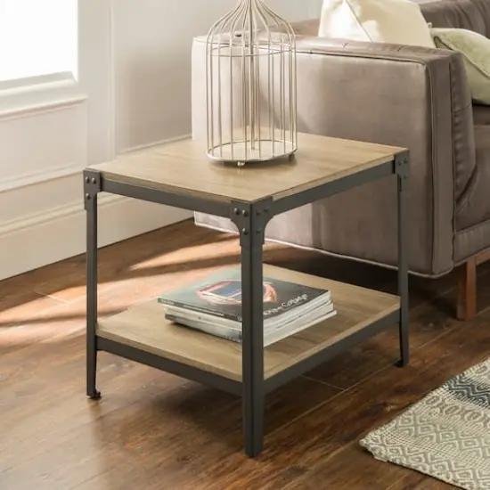 Walker Edison Driftwood Angle Iron Rustic Wood Side Table Set {4}