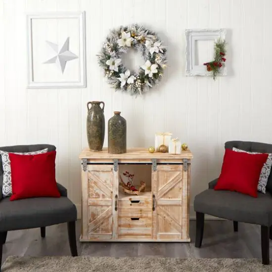 24" White LED Lights Flocked Poinsettia & Pine Artificial Christmas Wreath {7}