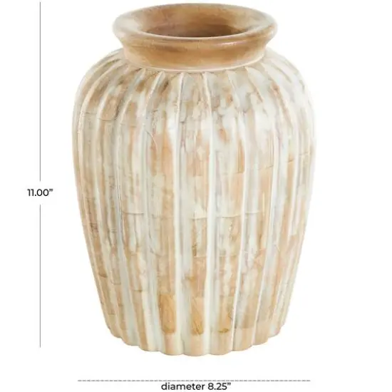 11" Light Brown Mango Wood Distressed Vase with Carved Ridges {8}