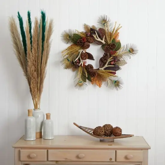 27" Magnolia Leaf, Berry, Antler & Peacock Feather Wreath {3}