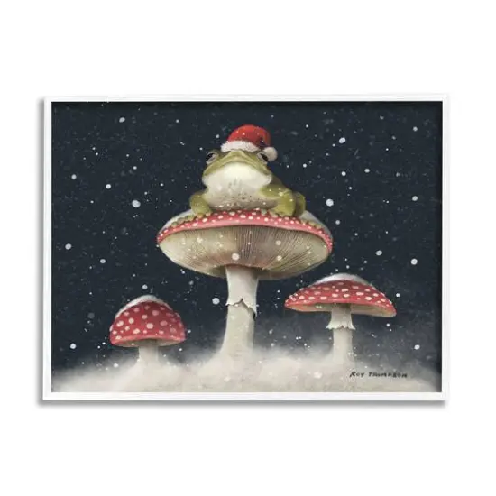 Stupell Industries Frog In Santa Hat Snowy Mushrooms Framed Giclee Art White {1}