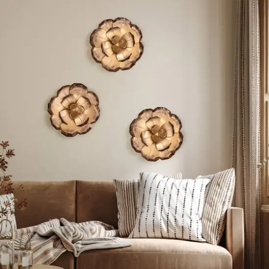 Habitat Decor Zinnias Bronze Flower Metal Wall Art Set {4}