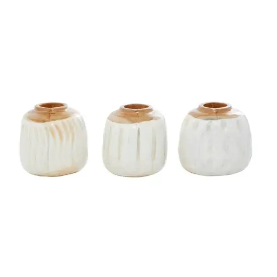 Set of 3 White Teak Wood Coastal Style Vase 6", 7" {3}