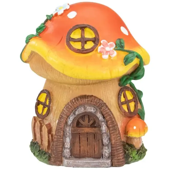 6.25" Orange Mushroom House Outdoor Garden Statue {1}