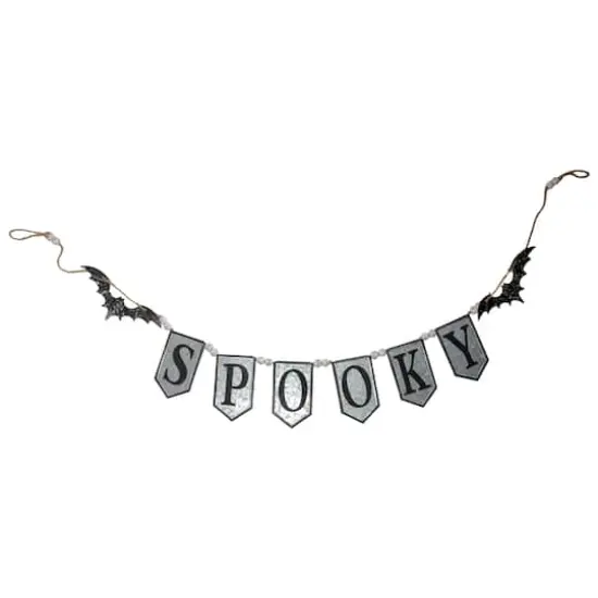 7ft. Gray & Black Metal SPOOKY Halloween Bat Banner {1}
