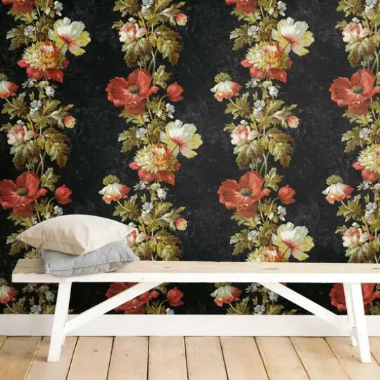 RoomMates Vintage Floral Stripe Peel & Stick Wallpaper Black/Red/Green {8}