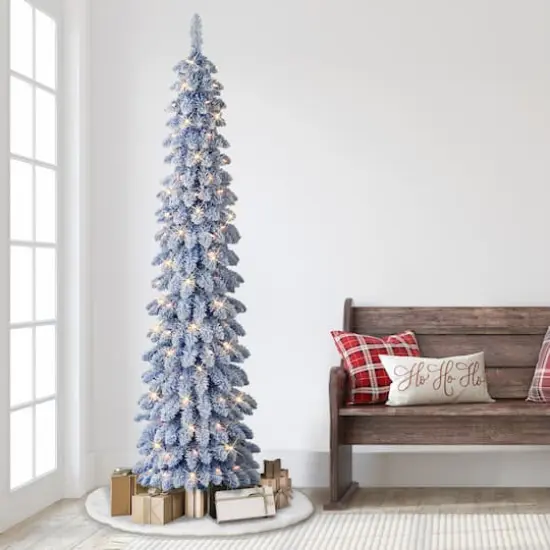 7ft. Pre-Lit Flocked Blue Artificial Alpine Pencil Christmas Tree, Clear Lights {4}