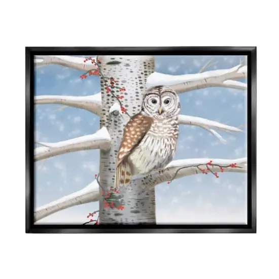 Stupell Industries Snowy Birch Tree Owl Framed Floater Canvas Wall Art Black {1}