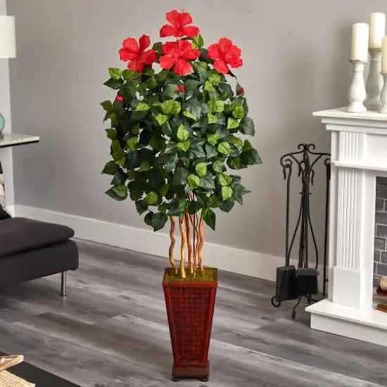 5ft. Red Hibiscus Tree in Decorative Wooden Planter {5}