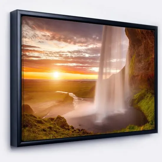 Designart - Seljalandsfoss Waterfall at Sunset - Landscape Photography Framed Canvas Print Gold {1}