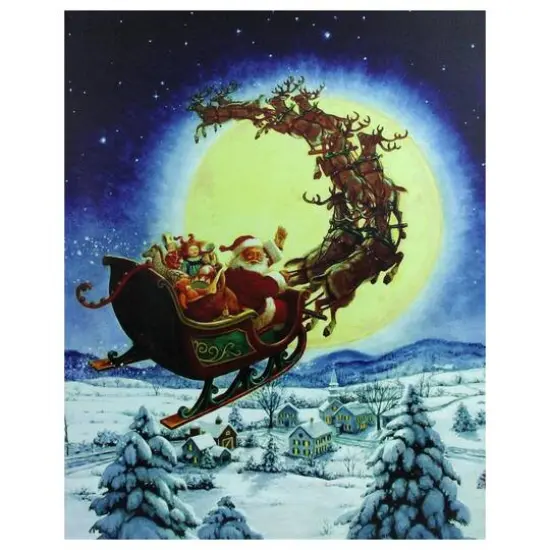 LED Back Lit Flying Santa Claus & Sleigh Christmas Wall Art {1}