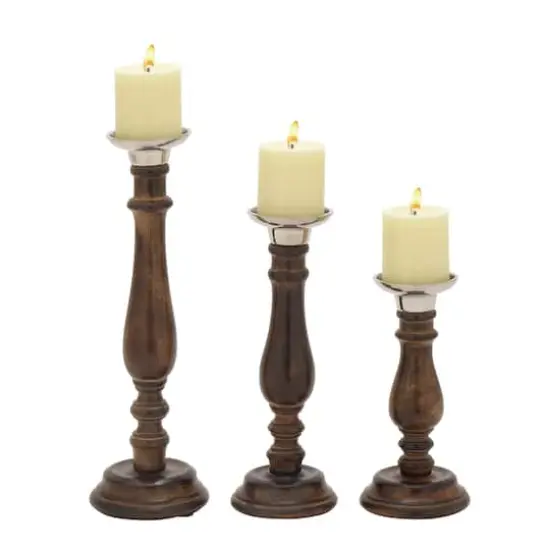 Dark Brown Mango Wood Traditional Candle Holder Set {1}