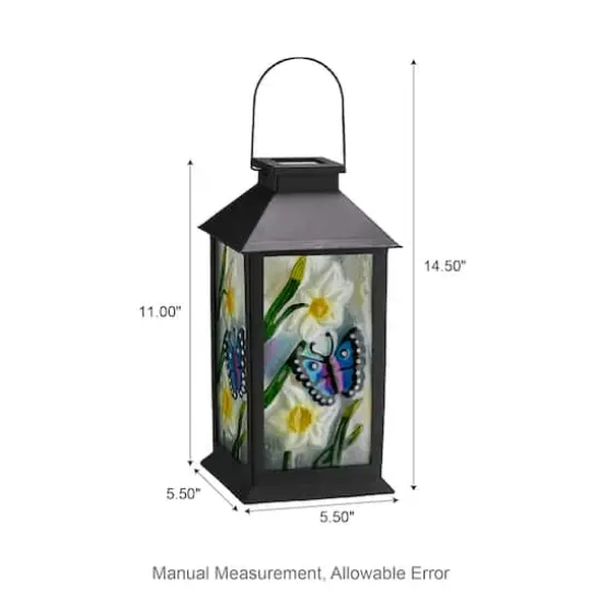 Glitzhome&reg; 11" Glass with Butterfly & Flower Pattern Solar Powered Hanging Lantern {9}