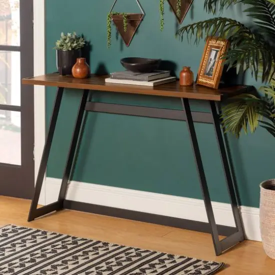 Walker Edison Dark Walnut Faux Wrap Modern Industrial Entry Table {3}