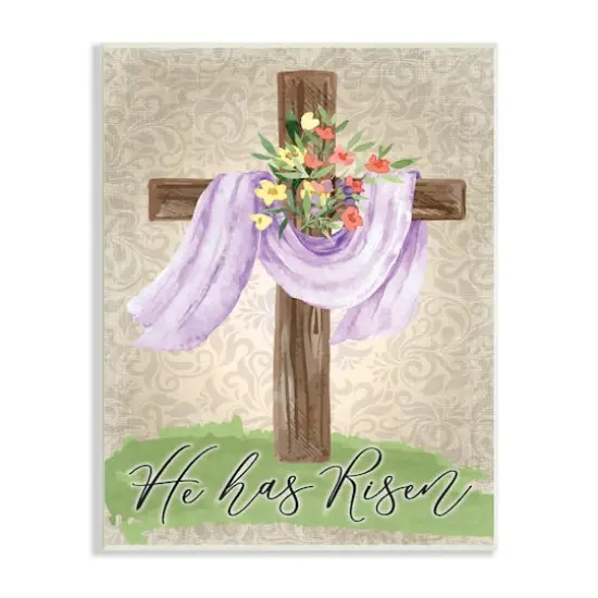 Stupell Industries He Has Risen Spring Floral Cross Brown Damask Pattern Wall Plaque Art {1}