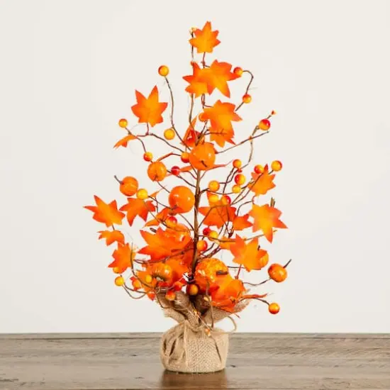 18in. Pre-Lit Artificial Maple Tree with Pumpkin Ornaments and 30 LED String Lights in Burlap Wrapped Base {8}