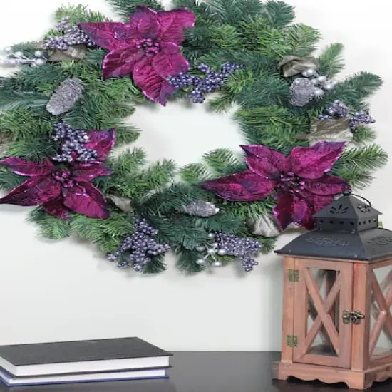 24" Two-Tone Pine with Purple Poinsettias & Berries Wreath {8}