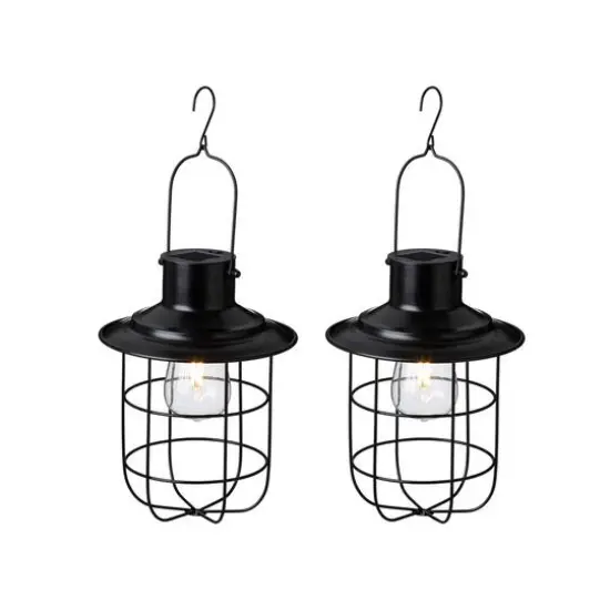 Glitzhome® 9.75" Black Metal Wire Solar Powered Hanging Lantern, 2ct. {1}