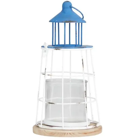 12" Blue Metal Distressed Decorative Light House Candle Lantern {3}