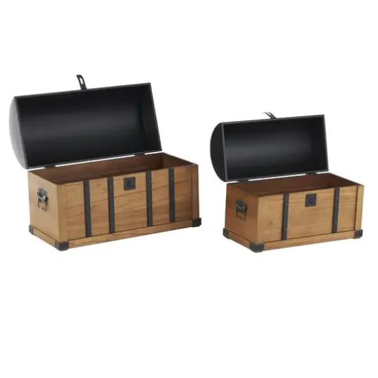 Brown Studded Storage Trunk with Black Metal Arched Tops & Vertical Strips Set {9}