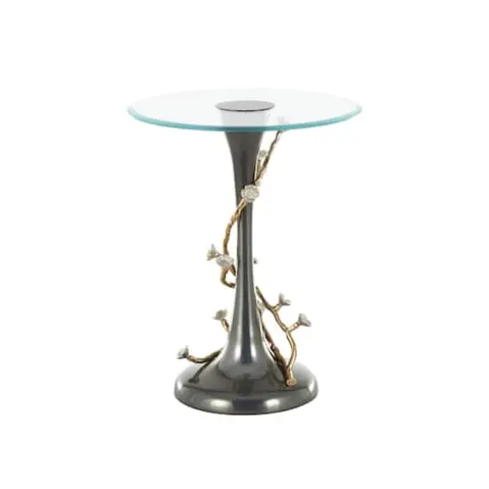 22.75" Black Aluminum Floral Twisted Vine Accent Table with Gold & Silver Accents & Glass Tabletop {7}