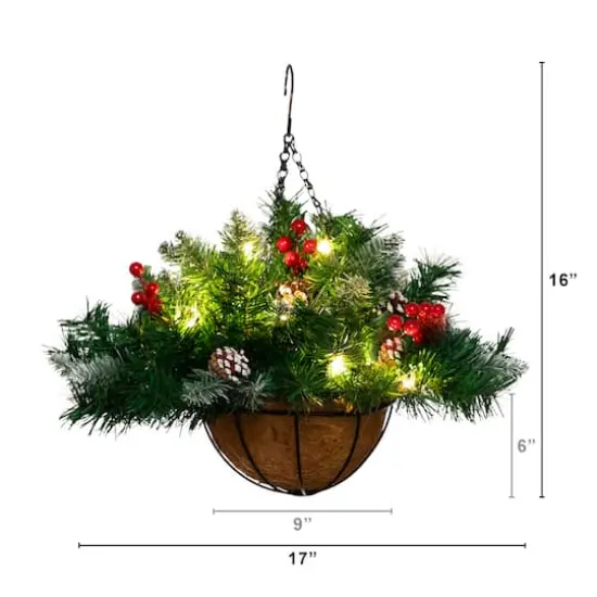 16" Artificial Pine & Berry Warm White LED Pre-Lit Hanging Basket {9}