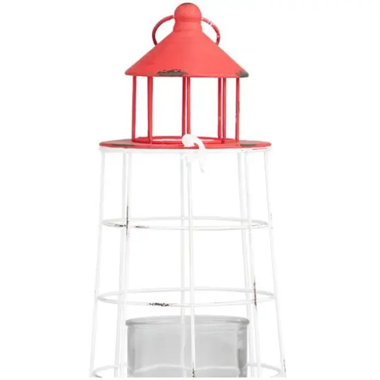 15" Red Metal Distressed Decorative Light House Candle Lantern {4}