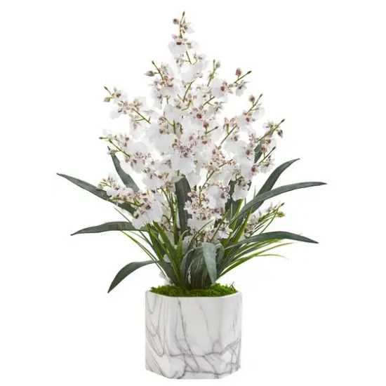 22" Dancing Lady White Orchid Arrangement in Marble Finished Vase  {1}