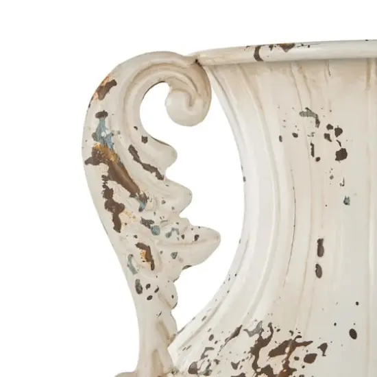 15.25" Cream Metal Vintage Amphora Vase with Brown & Teal Distressing {6}