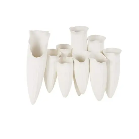 14" White Ceramic Abstract Floral Inspired Decorative Vase with Linear Grooves & 10 Openings {4}