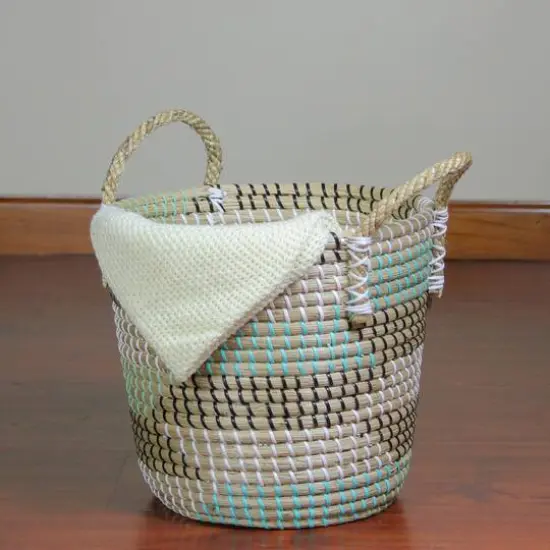 12" Natural Woven Seagrass Basket with Teal, Black & White Accents {4}