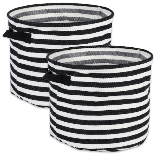 DII&reg; Medium Round Stripes PE-Coated Herringbone Woven Cotton Laundry Bin, 2ct. Black {1}