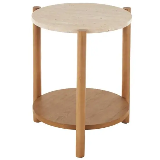 20.25" Brown Wood Handmade Round Side End Accent Table with Beige Marble Top {1}