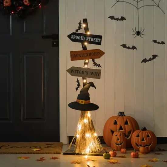 Glitzhome&reg; 42" Lighted Halloween Witch's Broom Porch D&eacute;cor with Timer {12}