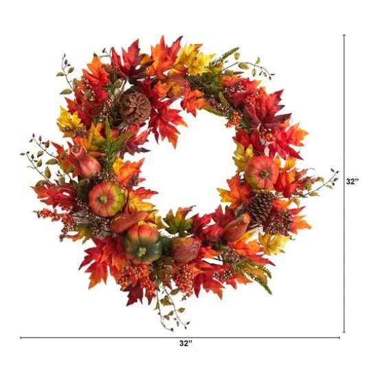 32" Maple Leaf, Pumpkin & Berries Artificial Fall Wreath {3}
