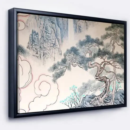 Designart - Chinese Blue Tree Art - Floral Painting Canvas in Black Frame {1}