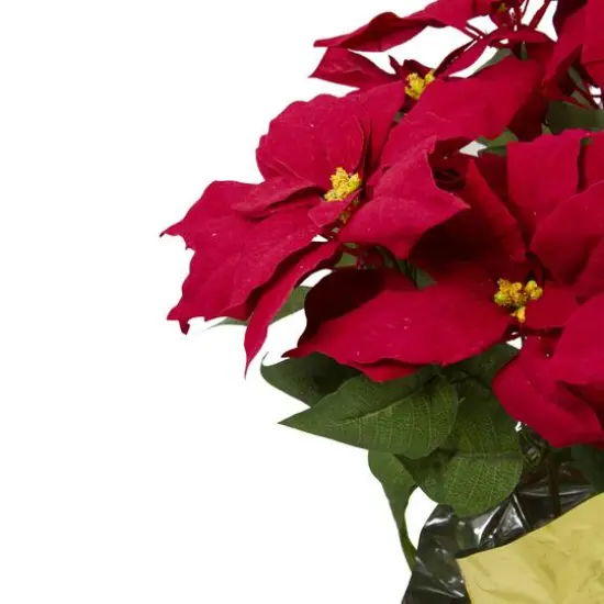 20" Red Artificial Christmas Poinsettia with Gold Wrapped Pot {3}