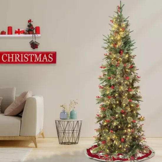 7.5ft. Pre-Lit Feel-Real&reg; Virginia Pine Slim Artificial Christmas Tree with Berries & Pinecones, Warm White LED Lights {3}