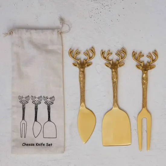 Hello Honey&reg; 7" Brass Reindeer Handle Cheese Knives Set {3}