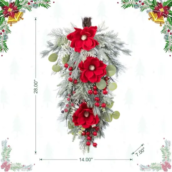 Glitzhome&reg; 28"H Christmas Red Mangnolia & Berry Teardrop {9}