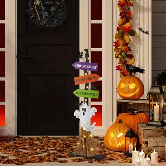Glitzhome&reg; 41.75"H Lighted Halloween Wooden Ghost's Broom Porch Decor {4}