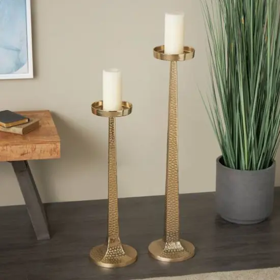 Gold Aluminum Tall Hammered Candle Holder Set {9}
