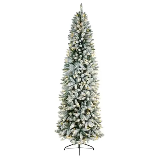 8ft. Pre-Lit Slim Flocked Montreal Fir Artificial Christmas Tree, White LED Lights {1}