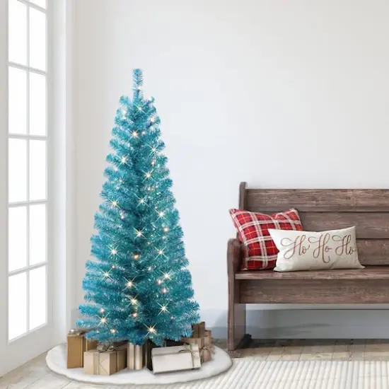 4.5ft. Pre-Lit Teal Tinsel Artificial Tree, Clear Lights {4}