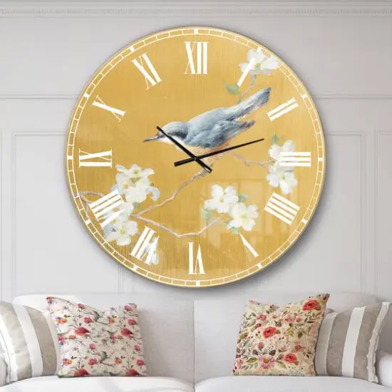Designart 'Gold Bird On Blossoms Ii Traditional Wall Clock {3}