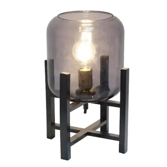 Simple Designs 13.5" Black Wood Mounted Table Lamp with Glass Cylinder Shade Smoke Glass {3}