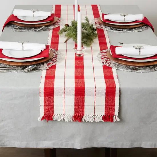 DII&reg; 72" Red Tinsel Plaid Fringed Table Runner {9}