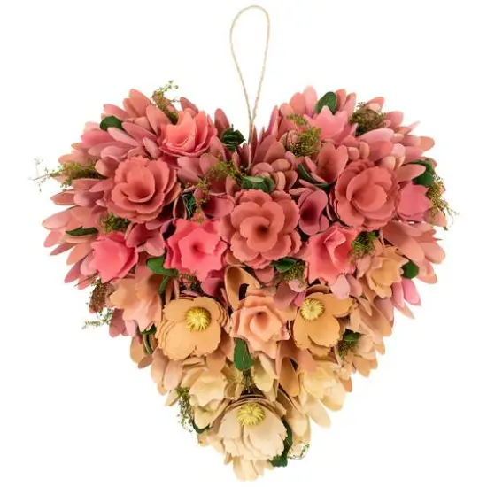 13" Pink & Yellow Mixed Floral & Foliage Artificial Valentine's Day Heart Wreath {1}