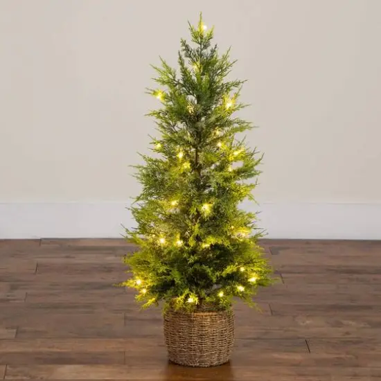 3ft. Pre-Lit Artificial Lightly Snowed Cypress Christmas Tree with 38 Warm White LED Lights in Decorative Weaved Basket {9}