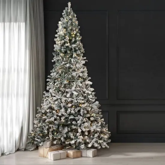 9ft. Pre-Lit Flocked Pine Artificial Christmas Tree, Warm White LED Lights {3}